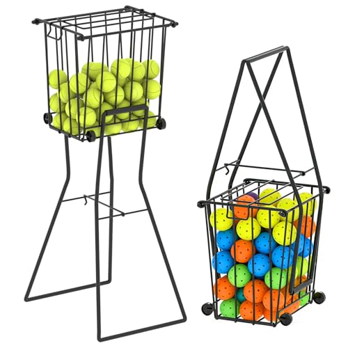 wasoyun Tennis Pickleball Hopper with Wheels Ball Pick Up Basket Pickleball Ball Retriever Ball Holder Storage Holds 75 Tennis Balls 50 Pickleballs - Image 1