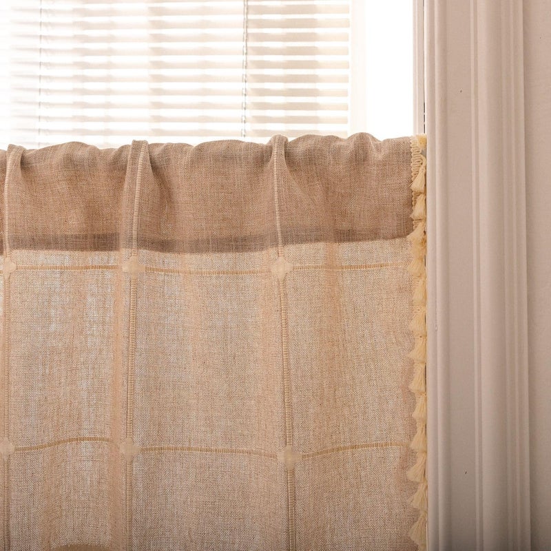 Deeprove Boho Starter Valance 18 بوصة الطول بوهيمي الشبكة البوهيمية القماش اللائقي البخاخة المطلية بزخرفة خمر شرابات الأنيقة ديكور الستائر العتيقة قضيب الجيب 1 لوحة W52 X L18 الكتان الطبيعي - Image 5