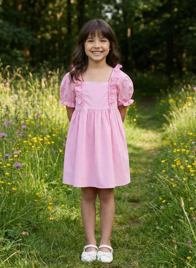 جلو باص Globus Girls Pink Square Neck Ruffles Detail Puff Sleeves Fit & Flare Mini Dress