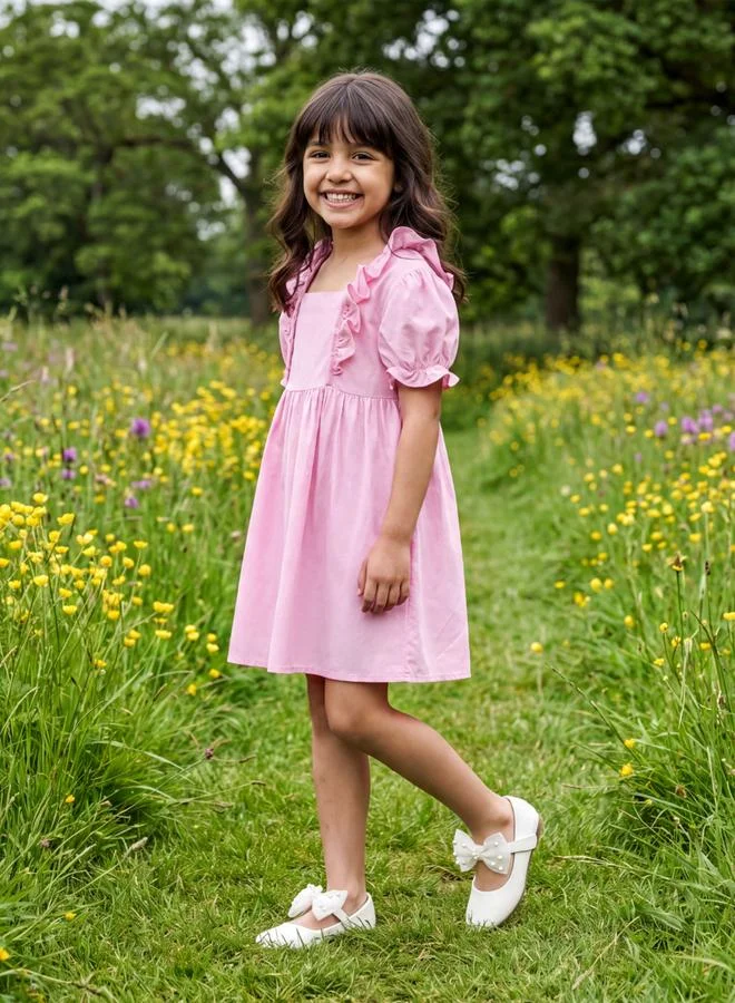 جلو باص Globus Girls Pink Square Neck Ruffles Detail Puff Sleeves Fit & Flare Mini Dress