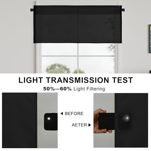 XWZO Kitchen Valances Curtains for Windows Living Room Bedroom Bathroom Toppers Farmhouse Style Rustic Dinning Room Blackout Thermal Insulated Rod Pocket, W52 x L18 Inch Length, Black, 1 Panel - Image 2