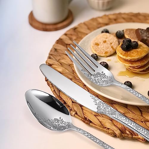 A · HOUSEWARE Floral Silverware Set 6 Silvery Flatware Stainless Steel with Delicate Engraved Rose Flower Embossed Design Complete 30 Piece Cutlery for Restaurant Utensils Home Kitchen Daily Use - Image 4