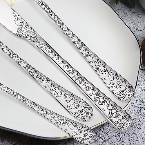 A · HOUSEWARE Floral Silverware Set 6 Silvery Flatware Stainless Steel with Delicate Engraved Rose Flower Embossed Design Complete 30 Piece Cutlery for Restaurant Utensils Home Kitchen Daily Use - Image 5