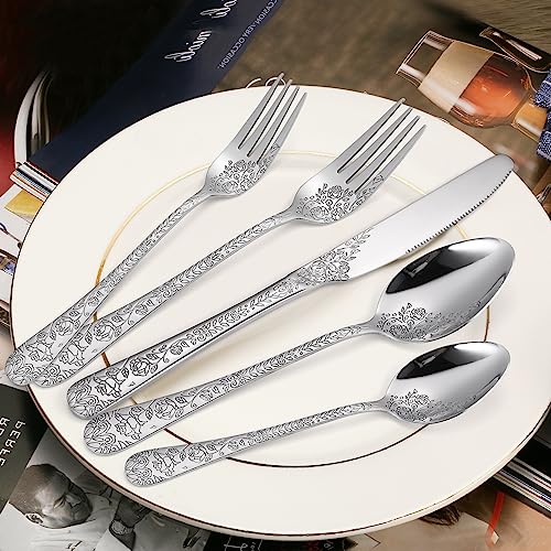 A · HOUSEWARE Floral Silverware Set 6 Silvery Flatware Stainless Steel with Delicate Engraved Rose Flower Embossed Design Complete 30 Piece Cutlery for Restaurant Utensils Home Kitchen Daily Use - Image 2