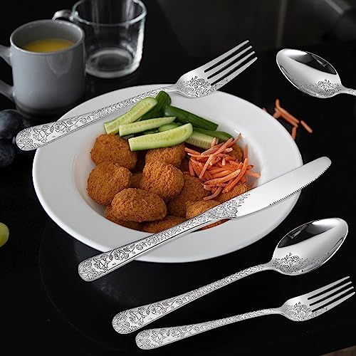 A · HOUSEWARE Floral Silverware Set 6 Silvery Flatware Stainless Steel with Delicate Engraved Rose Flower Embossed Design Complete 30 Piece Cutlery for Restaurant Utensils Home Kitchen Daily Use - Image 3