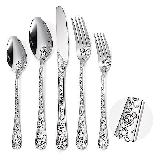 A · HOUSEWARE Floral Silverware Set 6 Silvery Flatware Stainless Steel with Delicate Engraved Rose Flower Embossed Design Complete 30 Piece Cutlery for Restaurant Utensils Home Kitchen Daily Use - Image 1