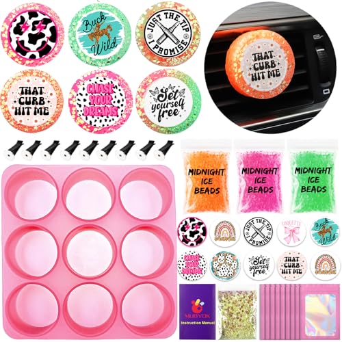 MUBYOK M538 Scented Car Vent Freshie Supplies Starter Kit,DIY 9 Car Air Fresheners with 250g Midnight Ice Aroma Beads,2 inch Circle Silicone Molds,Vent Clip,Glitter & CardStock - Image 1