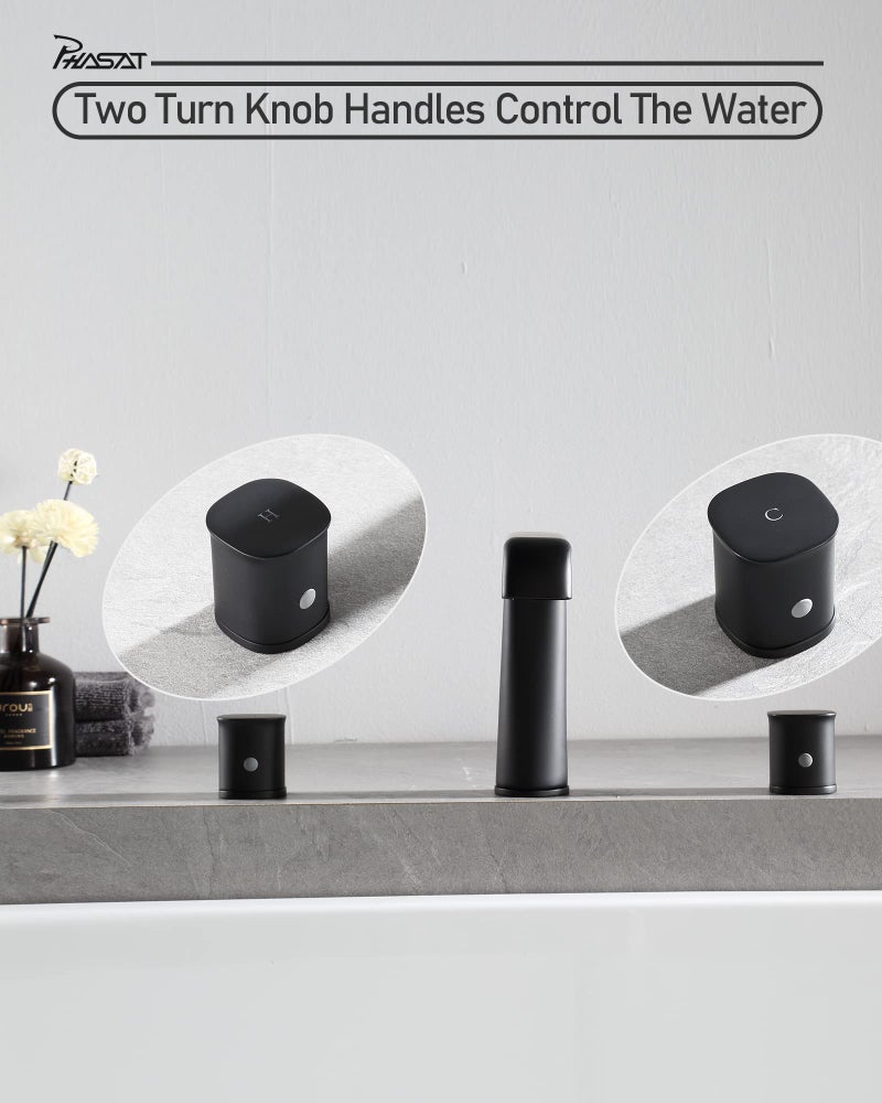 PHASAT Bathtub Faucet Deck Mount Matte Black Bathroom Waterfall Tub Faucet 3 Hole Tub Filler with 2 Handles,PU5H01、 - Image 5