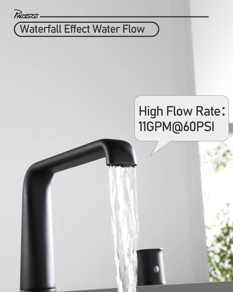 PHASAT Bathtub Faucet Deck Mount Matte Black Bathroom Waterfall Tub Faucet 3 Hole Tub Filler with 2 Handles,PU5H01、 - Image 4