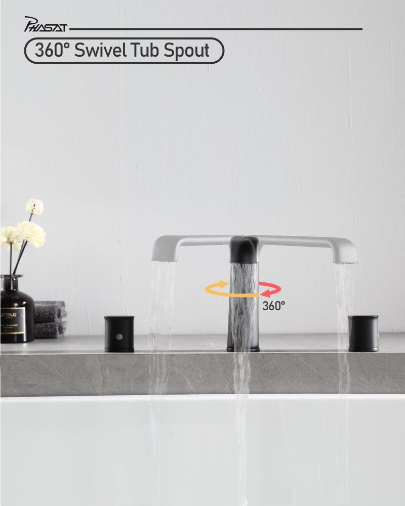 PHASAT Bathtub Faucet Deck Mount Matte Black Bathroom Waterfall Tub Faucet 3 Hole Tub Filler with 2 Handles,PU5H01、 - Image 3