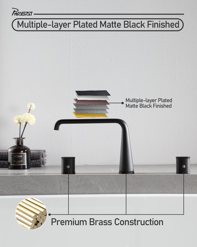 PHASAT Bathtub Faucet Deck Mount Matte Black Bathroom Waterfall Tub Faucet 3 Hole Tub Filler with 2 Handles,PU5H01、 - Image 2