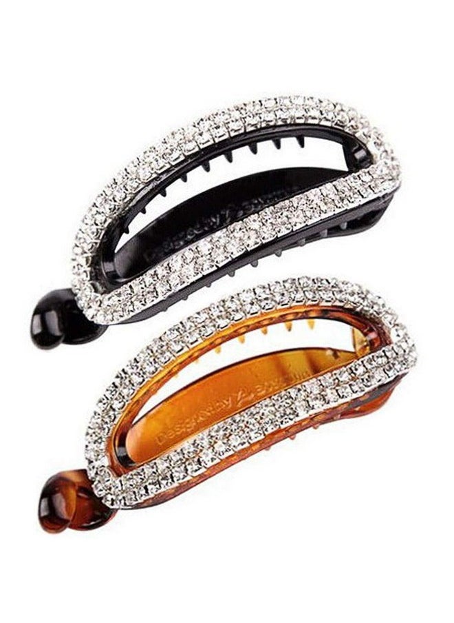 Teensery 2 Pcs Oval Rhinestone Banana Hair Clips Hollow Crystal Hair Barrette Hairpin Ponytail Holder Hair Accessories For Women Ladies Girls (Black + Brown)  - Image 1