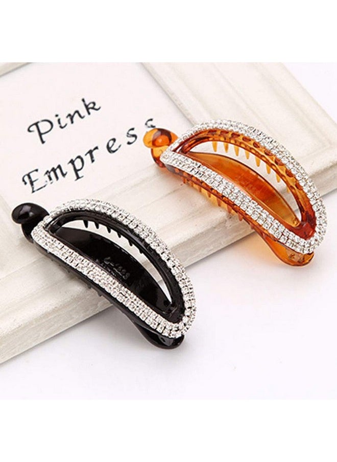 Teensery 2 Pcs Oval Rhinestone Banana Hair Clips Hollow Crystal Hair Barrette Hairpin Ponytail Holder Hair Accessories For Women Ladies Girls (Black + Brown)  - Image 2