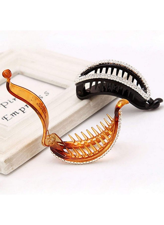 Teensery 2 Pcs Oval Rhinestone Banana Hair Clips Hollow Crystal Hair Barrette Hairpin Ponytail Holder Hair Accessories For Women Ladies Girls (Black + Brown)  - Image 3