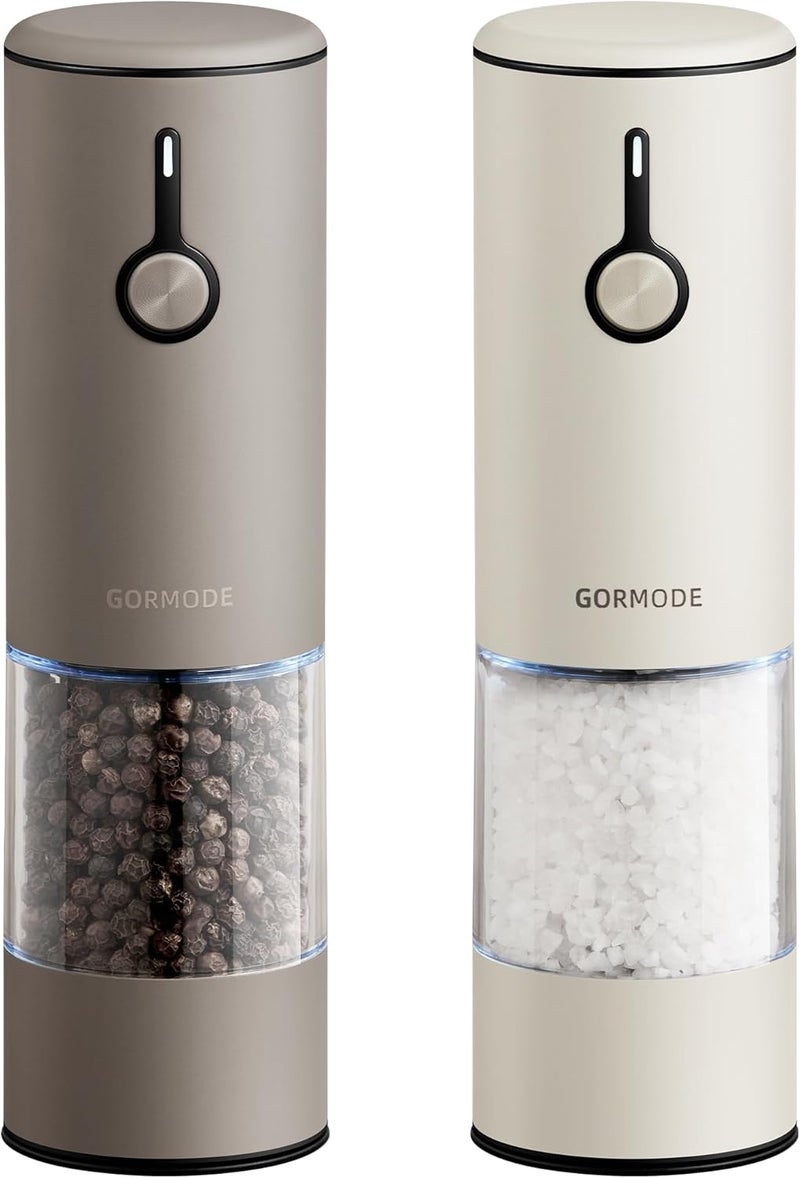 GORMODE Stainless Steel Rechargeable Electric Salt and Pepper Grinder Set – USB Charging, One-Hand Electric Mill, Adjustable Coarseness, LED Light & Dust Cover – Brown + Cream - Image 1