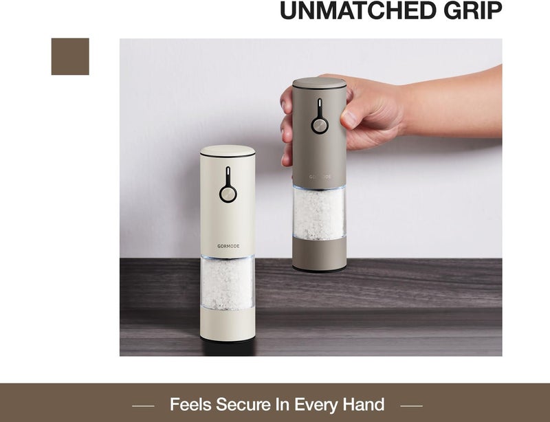 GORMODE Stainless Steel Rechargeable Electric Salt and Pepper Grinder Set – USB Charging, One-Hand Electric Mill, Adjustable Coarseness, LED Light & Dust Cover – Brown + Cream - Image 5