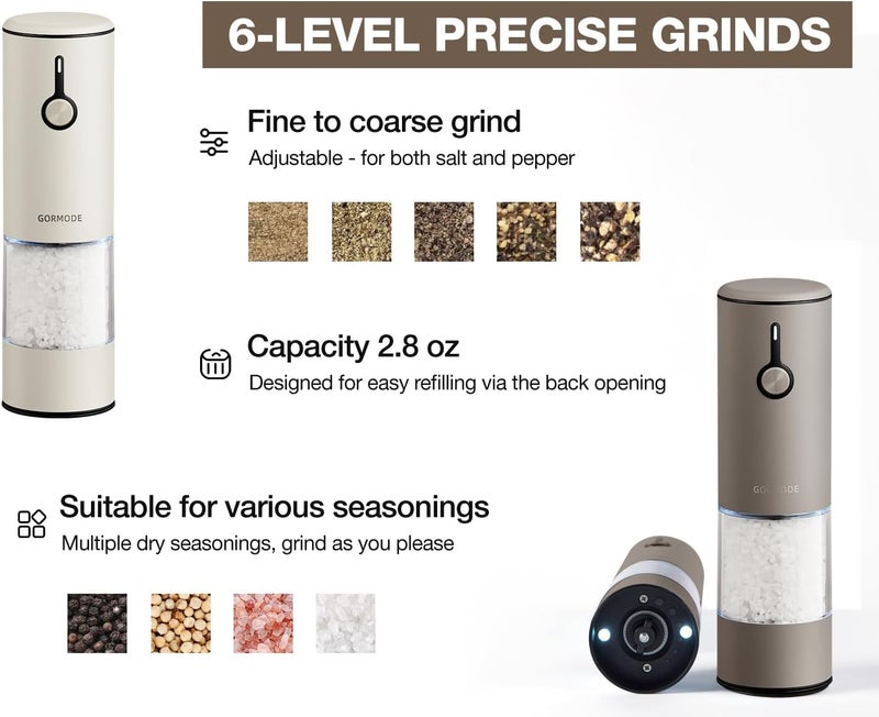 GORMODE Stainless Steel Rechargeable Electric Salt and Pepper Grinder Set – USB Charging, One-Hand Electric Mill, Adjustable Coarseness, LED Light & Dust Cover – Brown + Cream - Image 4
