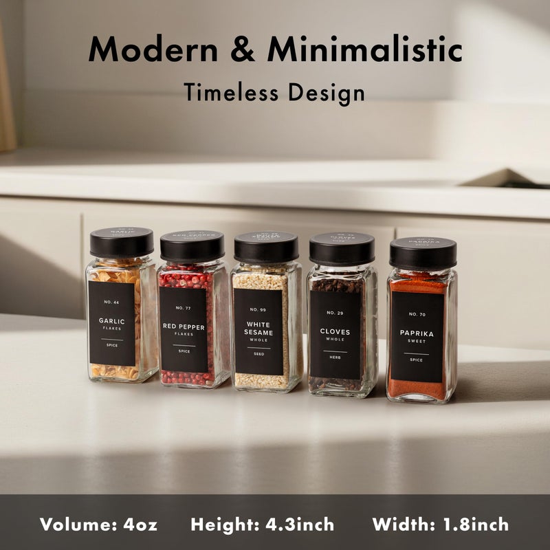EDELHAUS جرار توابل زجاجية EDELHAUS مع ملصقات وأغطية سوداء (24 × 4 أونصة) حاويات توابل مع 240 ملصق، إدخالات هزاز، قمع فولاذي، منظم توابل مربع فارغ - Image 2