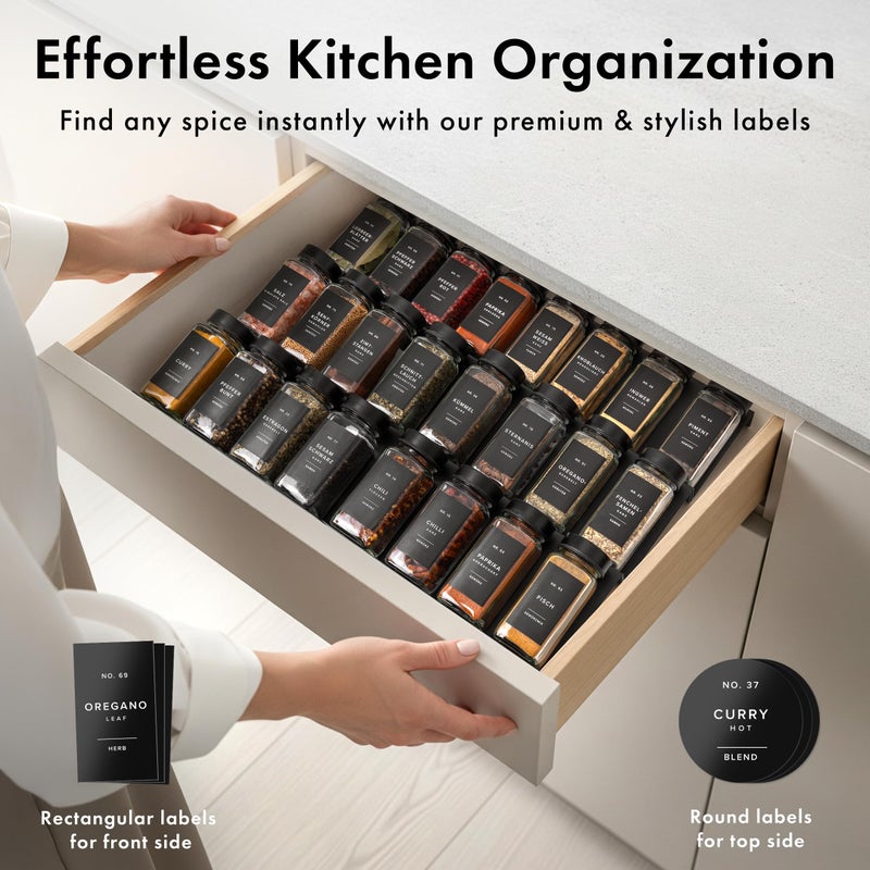 EDELHAUS جرار توابل زجاجية EDELHAUS مع ملصقات وأغطية سوداء (24 × 4 أونصة) حاويات توابل مع 240 ملصق، إدخالات هزاز، قمع فولاذي، منظم توابل مربع فارغ - Image 3