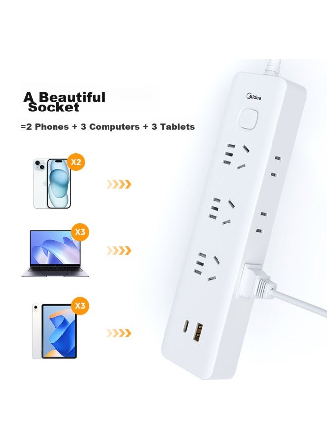 Midea 20w Fast Charging Socket, Type-c + Usb Power Strip, Portable Desktop Power Strip With Master Switch, 6 Outlets, Side Ports, 1.8 Meters Long - Image 3