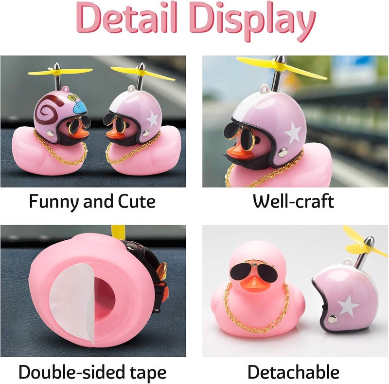 wonuu Pink Duck Car Dashboard Decorations Rubber Duck Car Ornaments Cool Duck with Propeller Helmet Sunglasses Gold Chain (Pink Hat White Star) - Image 2