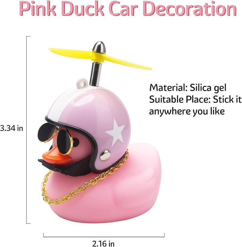 wonuu Pink Duck Car Dashboard Decorations Rubber Duck Car Ornaments Cool Duck with Propeller Helmet Sunglasses Gold Chain (Pink Hat White Star) - Image 4