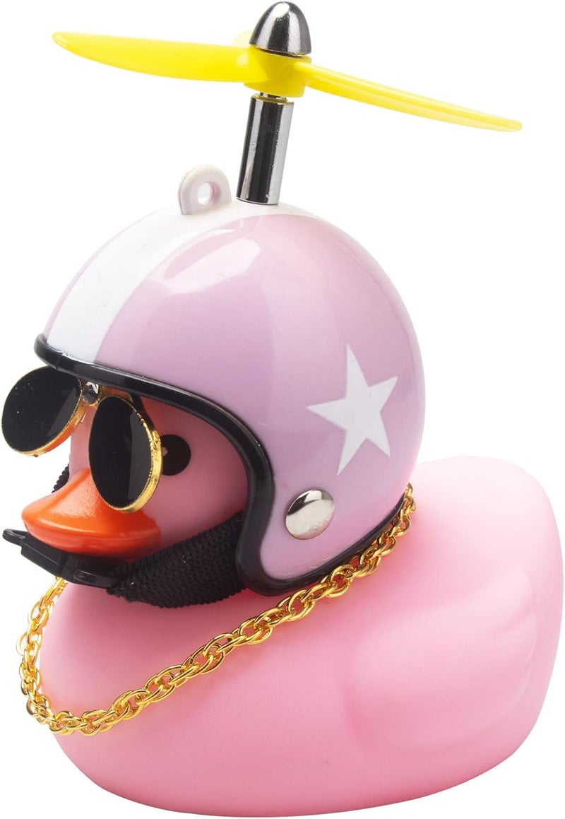 wonuu Pink Duck Car Dashboard Decorations Rubber Duck Car Ornaments Cool Duck with Propeller Helmet Sunglasses Gold Chain (Pink Hat White Star) - Image 1