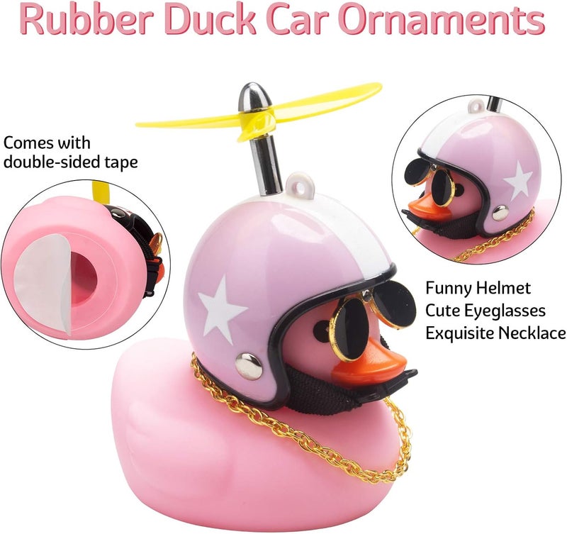 wonuu Pink Duck Car Dashboard Decorations Rubber Duck Car Ornaments Cool Duck with Propeller Helmet Sunglasses Gold Chain (Pink Hat White Star) - Image 5