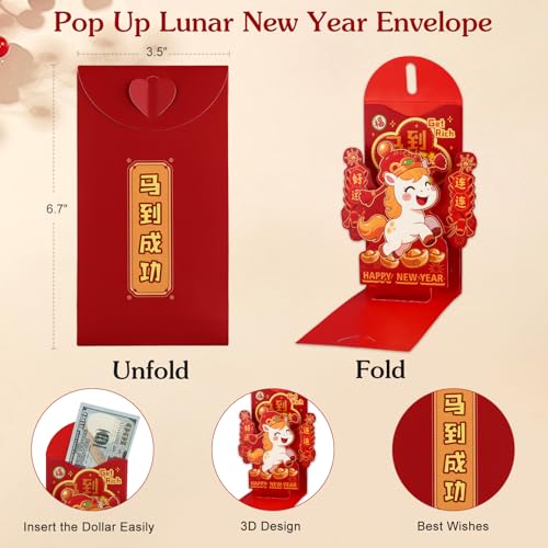 D4DREAM Lunar New Year Gift Set 2026, 3D Rotating Zodiac Sign Turntable Chinese New Year Greeting Card & Pop-Up Horse Red Money Envelope - Wish You Success & Luck - Image 3