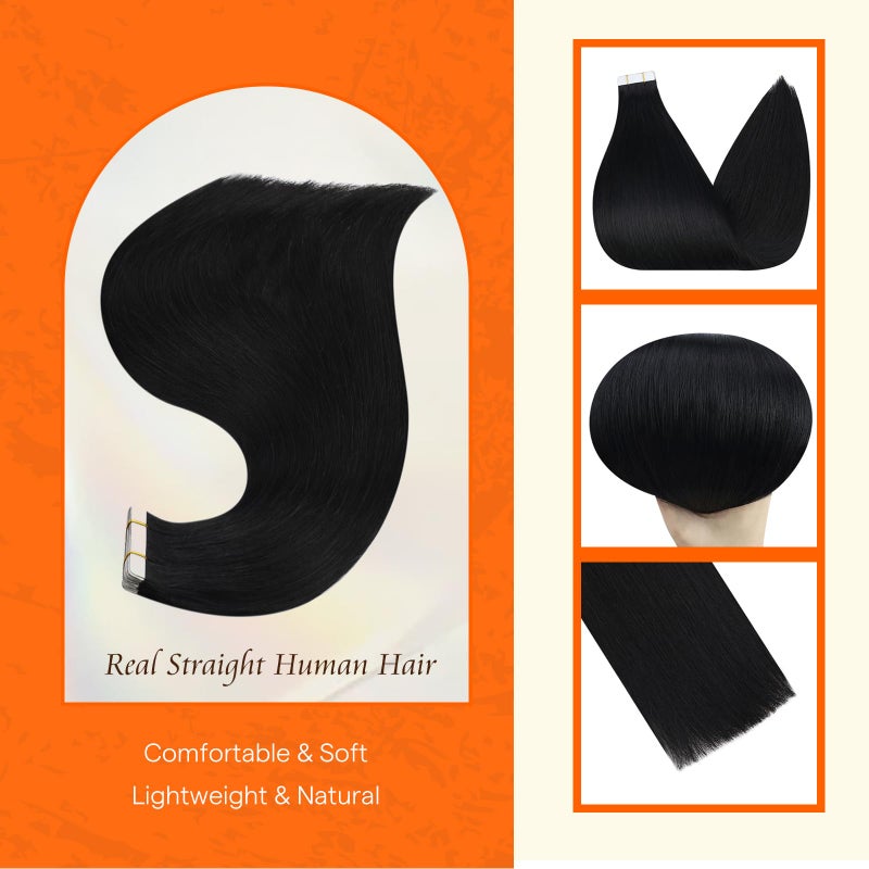 Fshine Full Shine Tape in Hair Extensions Human Hair 10 Inch Color 1 Jet Black Remy Invisible Double Sided Tape in Extensions 30g Natural Straight Seamless Skin Weft Extensions 20PCS Add Volume - Image 2