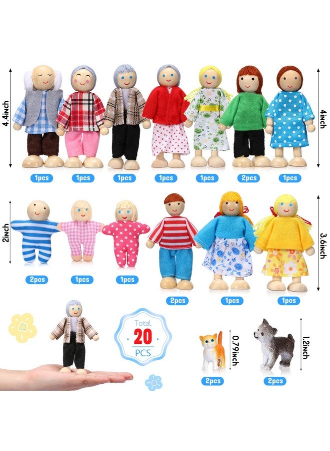 Skylety 20 Pcs Wooden Dollhouse Family Set of 16 Mini People Figures and 4 Pets, Wooden Dollhouse Dolls Family Cosplay Figures Accessories for Pretend Toy(Vivid Style) - Image 2