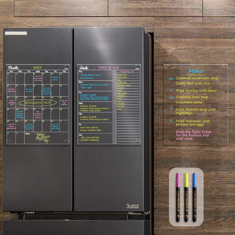 JJPRO Non-Magnetic Dry Erase Calendar for Fridge-Reusable Monthly&Weekly Planning Board and Blank Clear Board Bundle for All Smooth Surfaces. Clear Reusable Board Sticks to Fridge,Wall,Door&Glass - Image 1