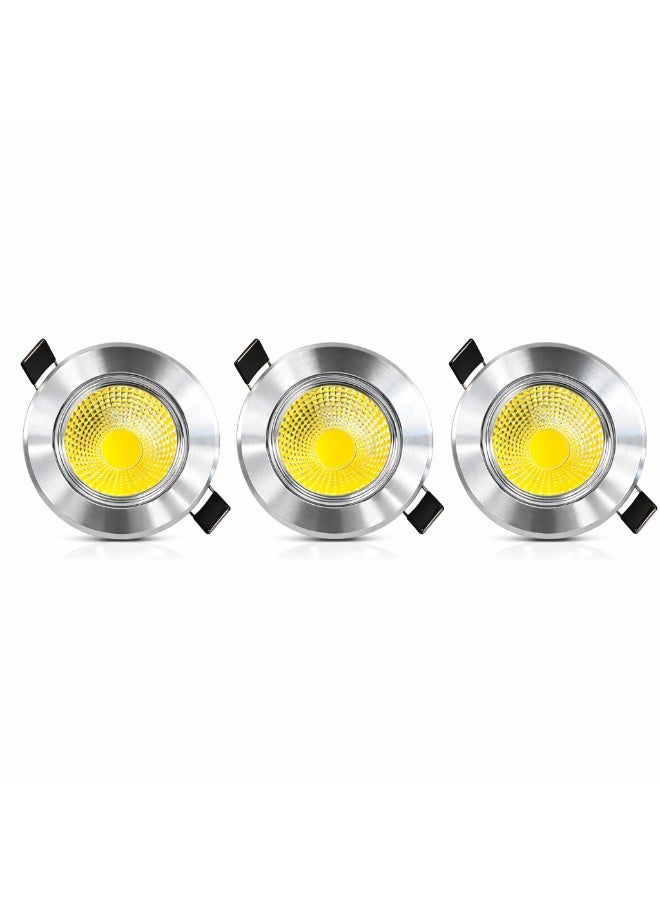 طقم 3 كشاف سبوت لايت LED COB بقدرة 5 واط قابل للتعديل للسقف 3000 كلفن ضوء دافئ 350-400 لومن هيكل ألمنيوم فضي قطر 86 مم فتحة 65 مم IP20 100-240 فولت إضاءة داخلية – صنع في ألمانيا - Image 1