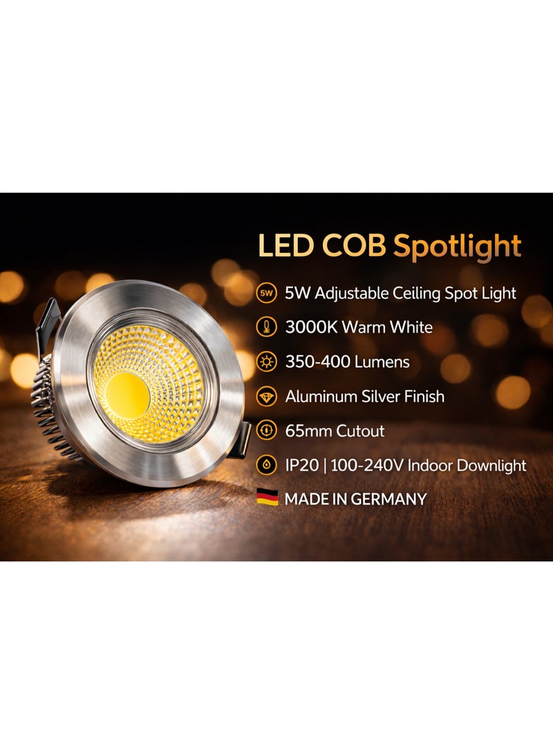 طقم 3 كشاف سبوت لايت LED COB بقدرة 5 واط قابل للتعديل للسقف 3000 كلفن ضوء دافئ 350-400 لومن هيكل ألمنيوم فضي قطر 86 مم فتحة 65 مم IP20 100-240 فولت إضاءة داخلية – صنع في ألمانيا - Image 2