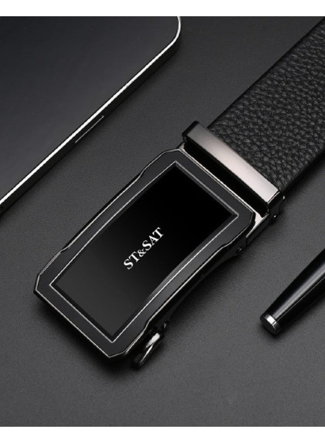 St&Sat [Top Grain Leather] حزام رجال للأعمال من جلد طبيعي مع إبزيم أوتوماتيكي وصندوق هدايا - Image 1