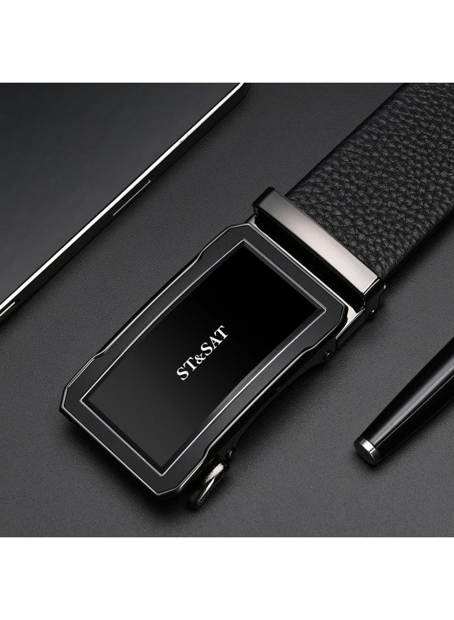 St&Sat [Top Grain Leather] حزام رجال للأعمال من جلد طبيعي مع إبزيم أوتوماتيكي وصندوق هدايا - Image 3