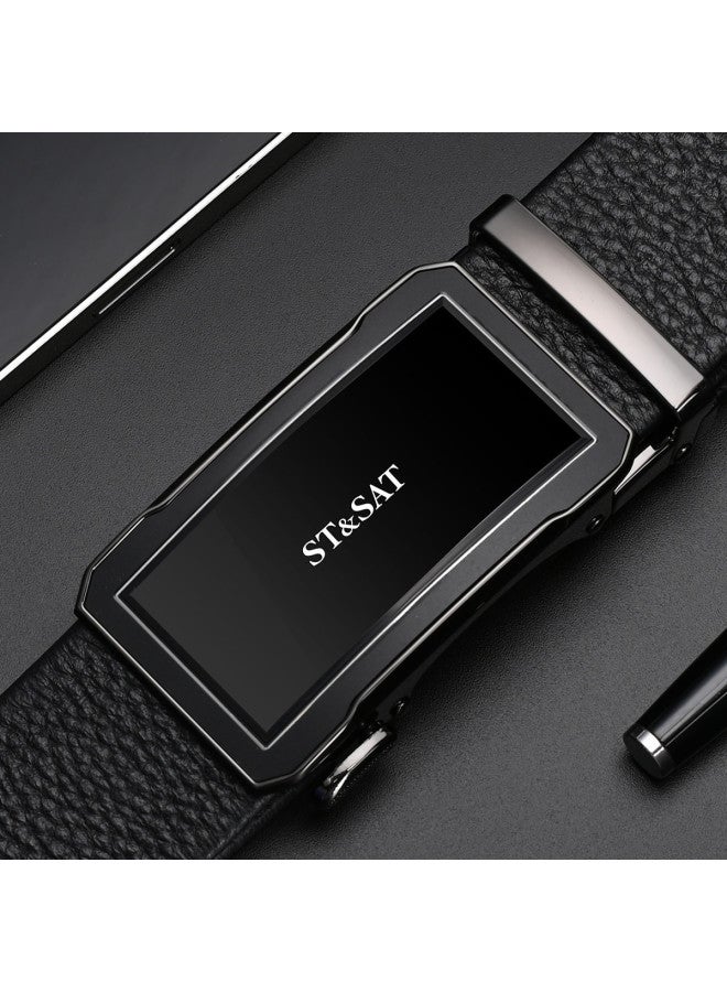 St&Sat [Top Grain Leather] حزام رجال للأعمال من جلد طبيعي مع إبزيم أوتوماتيكي وصندوق هدايا - Image 4