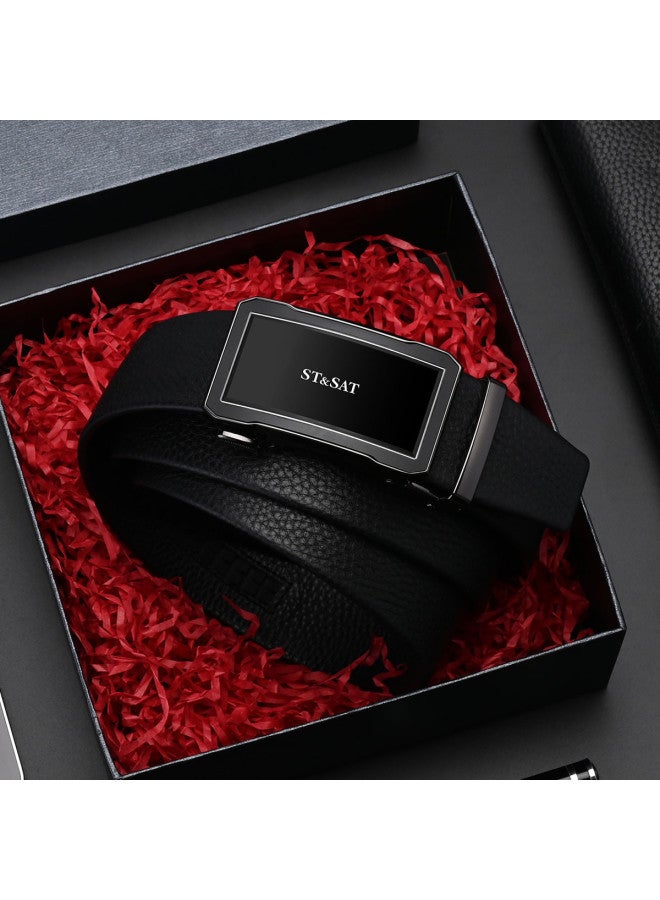St&Sat [Top Grain Leather] حزام رجال للأعمال من جلد طبيعي مع إبزيم أوتوماتيكي وصندوق هدايا - Image 2