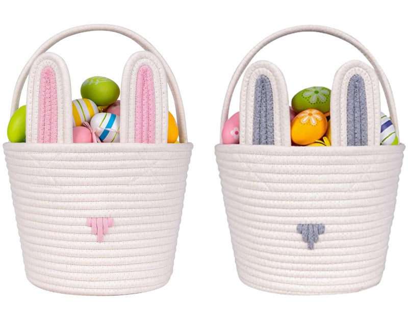 CubesLand Easter Baskets for Kids - Empty 2-Piece Set with Handle, Easter Egg Hunt Basket & Candy Storage Tote (9.8"x7.8"x7.8") - Reusable Bunny Buckets for Toddlers, Boys & Girls Easter Party Gifts - Image 1