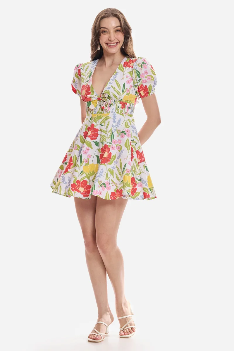 Virgio  All Over Print Cotton Flared Bow Detail Dress for Women for Women | Best Price UAE