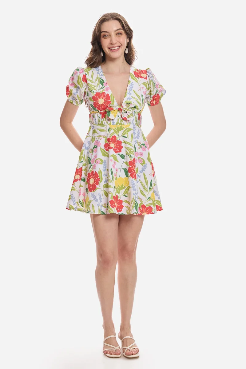 Virgio All Over Print Cotton Flared Bow Detail Dress for Women