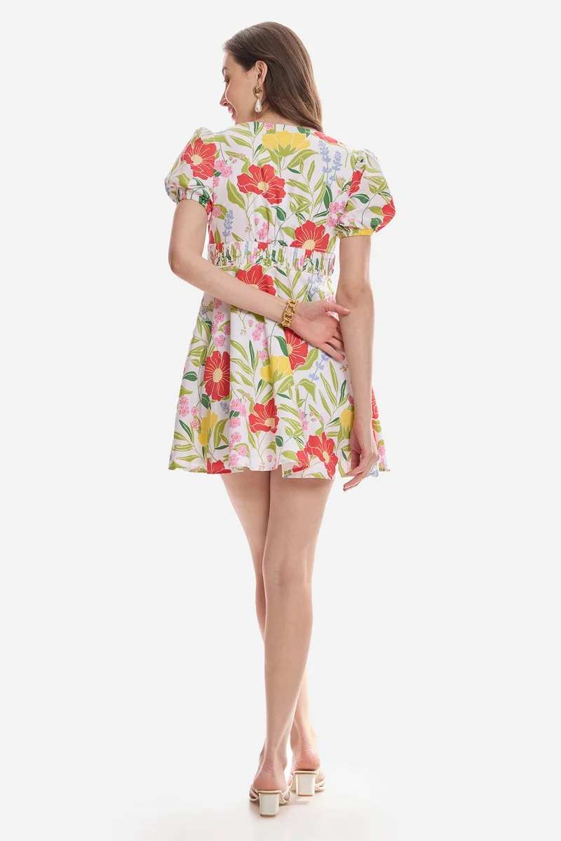 Virgio  All Over Print Cotton Flared Bow Detail Dress for Women for Women | Best Price UAE