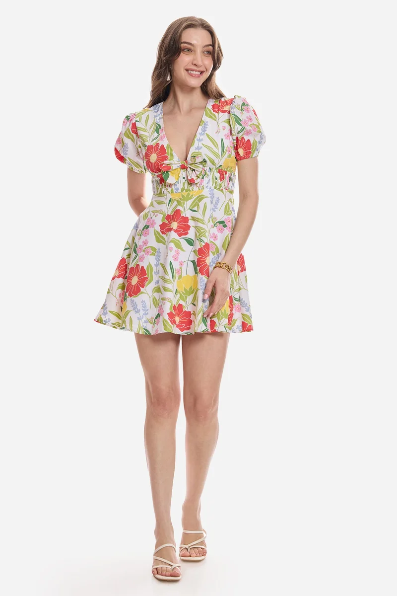 Virgio All Over Print Cotton Flared Bow Detail Dress for Women