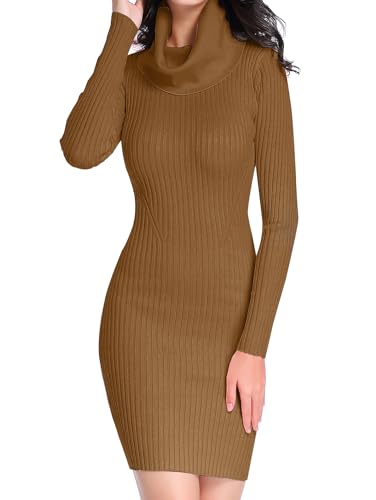 v28 Sweater Dress for Women Ribbed Knit Fitted midi Sexy Fall Winter Bodycon Cowl Neck Dresses (S,Brown) - Image 1