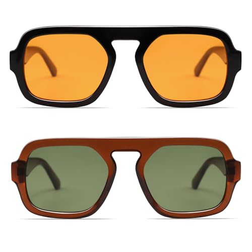 VANLINKER Retro Square Aviator Sunglasses for Women Men 70s Vintage Style Trendy Flat Top Rectangle Sun Glasses VL9826 2 Pack-Black/Orange&Brown/Green - Image 1