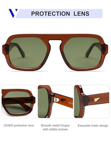 VANLINKER Retro Square Aviator Sunglasses for Women Men 70s Vintage Style Trendy Flat Top Rectangle Sun Glasses VL9826 2 Pack-Black/Orange&Brown/Green - Image 4