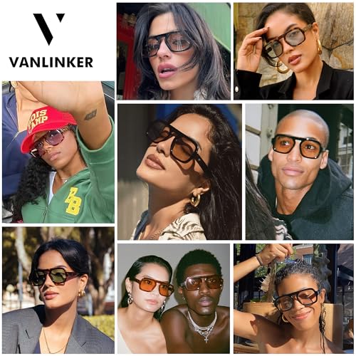 VANLINKER Retro Square Aviator Sunglasses for Women Men 70s Vintage Style Trendy Flat Top Rectangle Sun Glasses VL9826 2 Pack-Black/Orange&Brown/Green - Image 2
