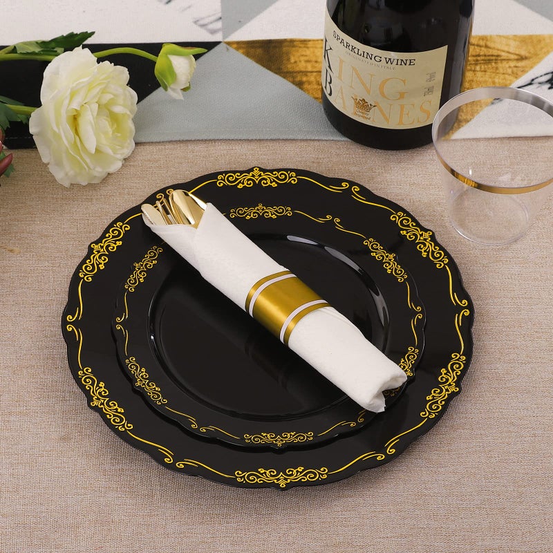 U-QE 175PCS Black Plastic Plates&Pre Rolled Napkins with Gold Cutlery  Black and Gold Plastic Dinnerware Set for 25Dinner Plates  25Dessert Plates  25Cups  25Gold Silverware Sets  25Napkins for Party - Image 3