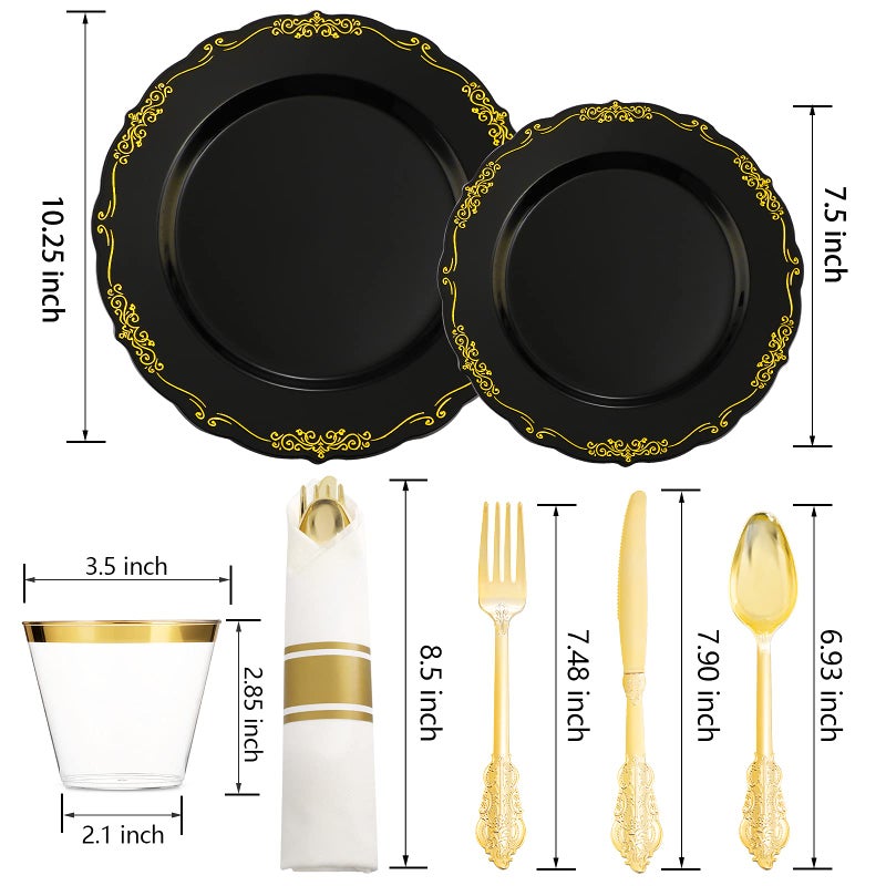 U-QE 175PCS Black Plastic Plates&Pre Rolled Napkins with Gold Cutlery  Black and Gold Plastic Dinnerware Set for 25Dinner Plates  25Dessert Plates  25Cups  25Gold Silverware Sets  25Napkins for Party - Image 2