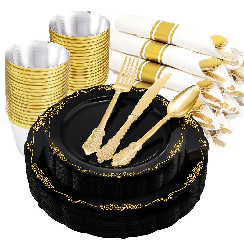 U-QE 175PCS Black Plastic Plates&Pre Rolled Napkins with Gold Cutlery  Black and Gold Plastic Dinnerware Set for 25Dinner Plates  25Dessert Plates  25Cups  25Gold Silverware Sets  25Napkins for Party - Image 1
